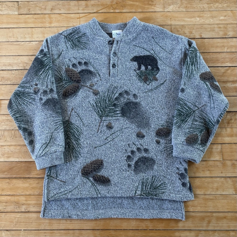 VTG 90s Artisans Bears Cabin Woodland AOP Sweater Pine Trees Size M Made In USA